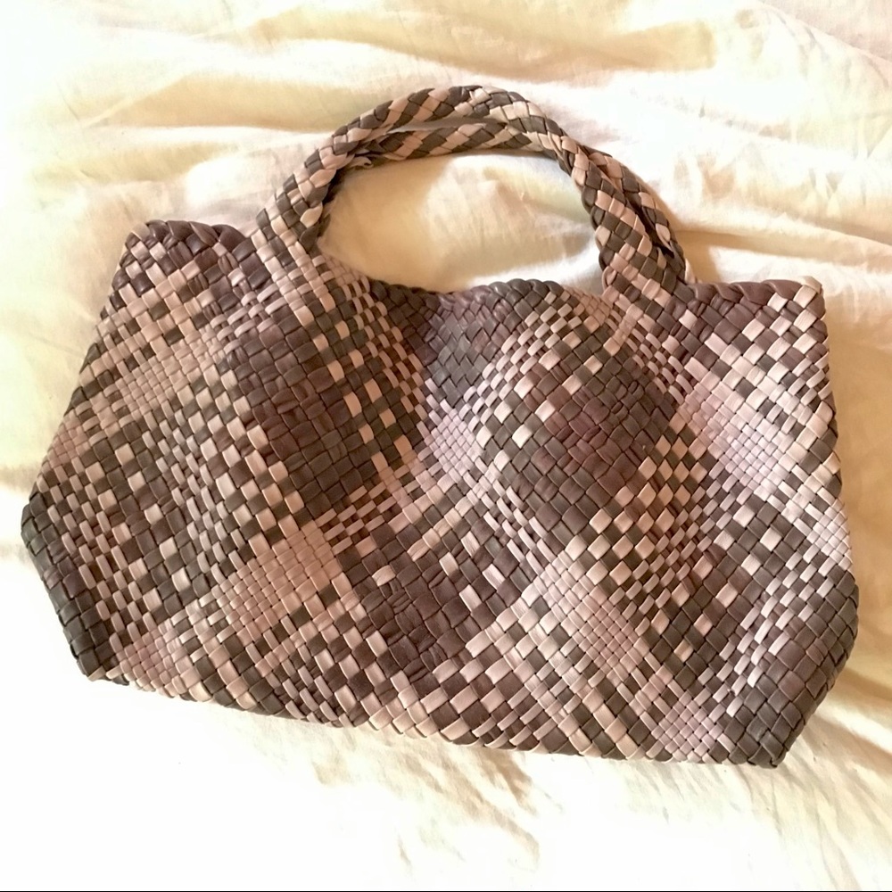 Falor Genuine Italian Leather Woven Le Borse Tote, Lavender Gray Brown, F1245